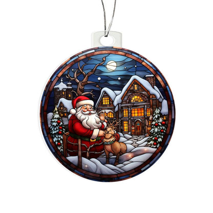 Santa and Reindeer Christmas Scene Acrylic Holiday Ornament