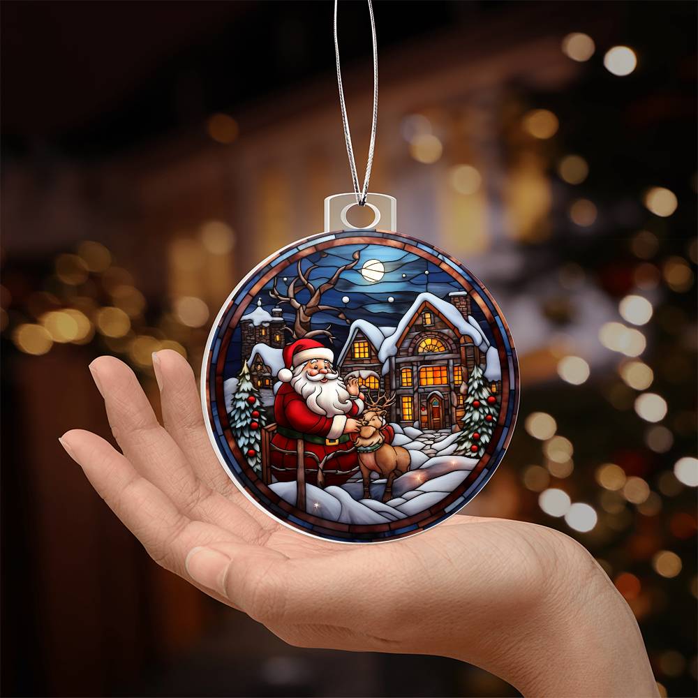 Santa and Reindeer Christmas Scene Acrylic Holiday Ornament