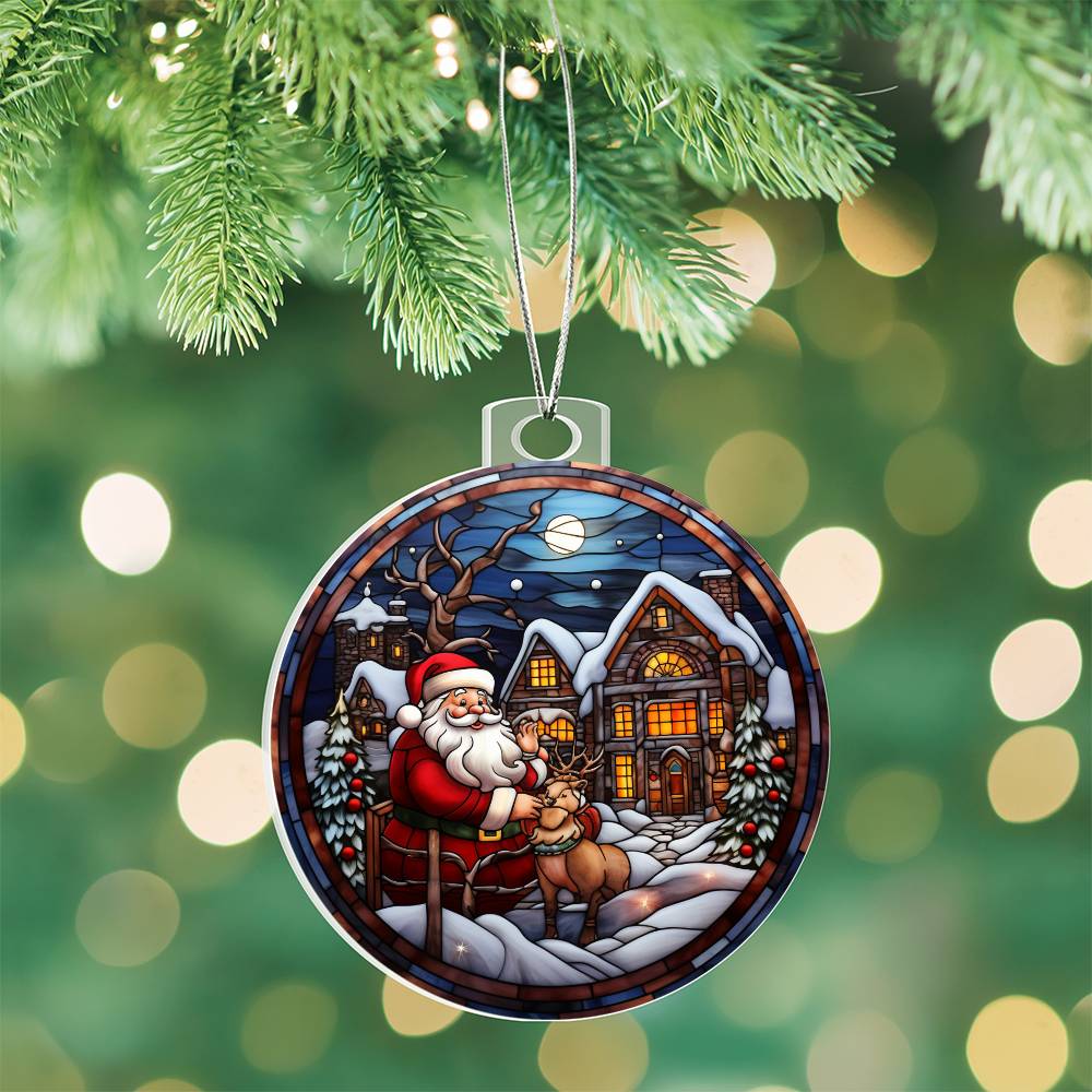 Santa and Reindeer Christmas Scene Acrylic Holiday Ornament