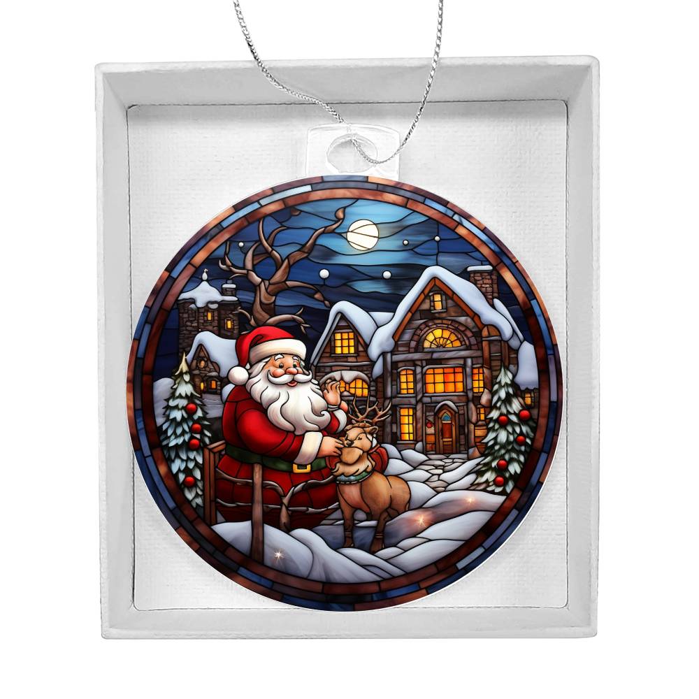 Santa and Reindeer Christmas Scene Acrylic Holiday Ornament