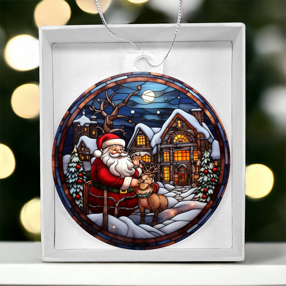 Santa and Reindeer Christmas Scene Acrylic Holiday Ornament