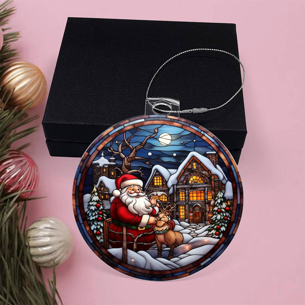 Santa and Reindeer Christmas Scene Acrylic Holiday Ornament