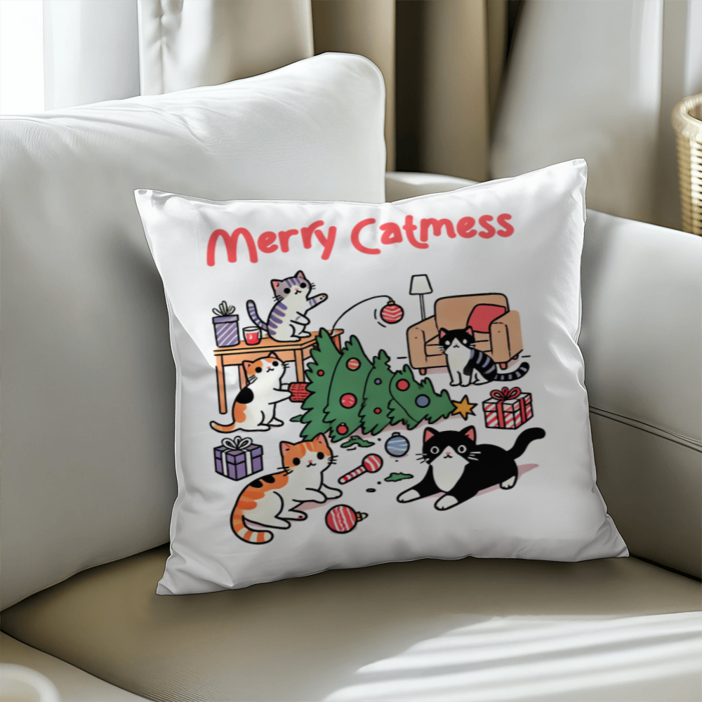 "Merry Catmess" Holiday Throw Pillow – Double-Sided Print