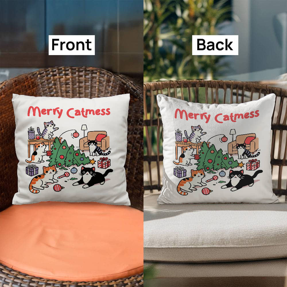 "Merry Catmess" Holiday Throw Pillow – Double-Sided Print