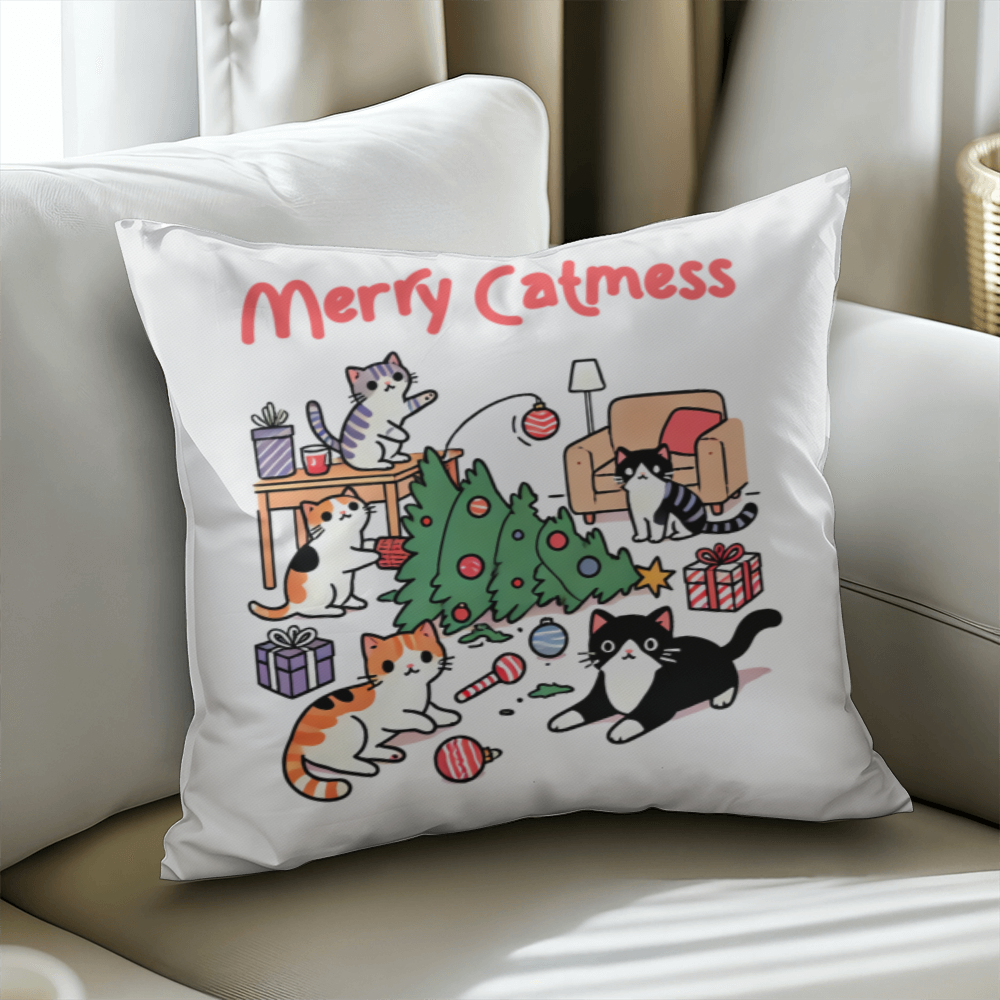 "Merry Catmess" Holiday Throw Pillow – Double-Sided Print