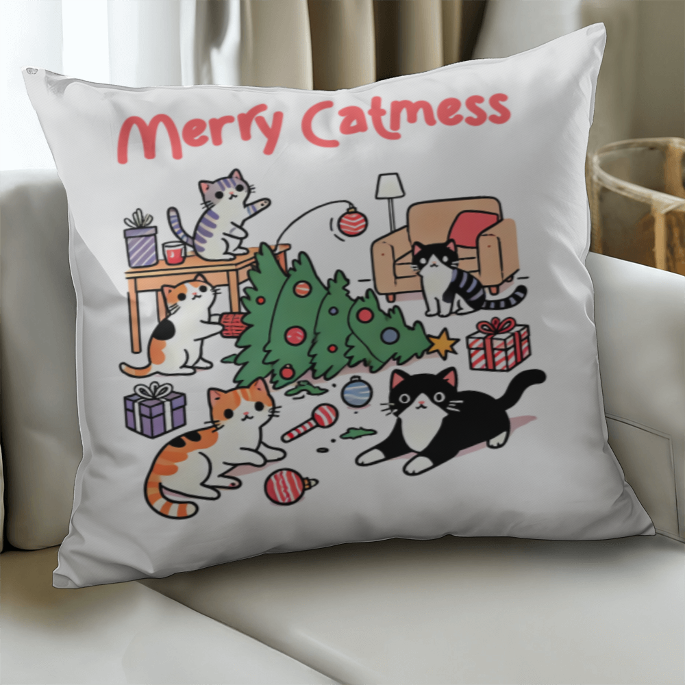 "Merry Catmess" Holiday Throw Pillow – Double-Sided Print