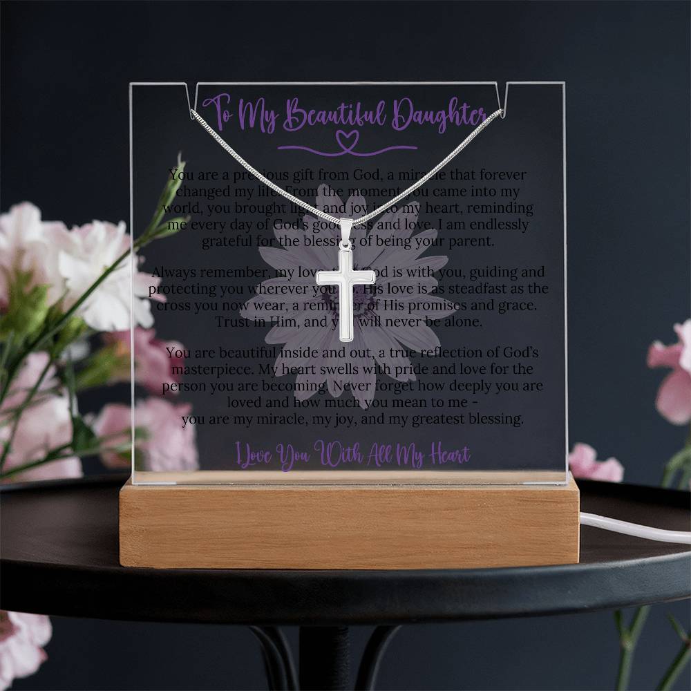 To My Daughter - A Gift From God - Acrylic Sign with Cross Necklace